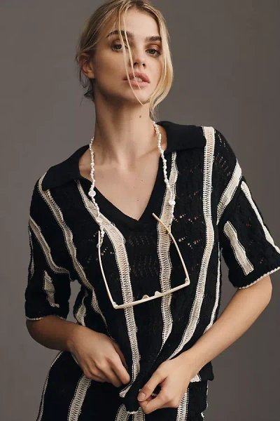 Central Park West Short-sleeve Collared Open-stitch Striped Sweater In Black