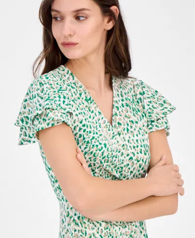 Anne Klein Women's Faux-wrap Flutter-sleeve Print Dress In Green