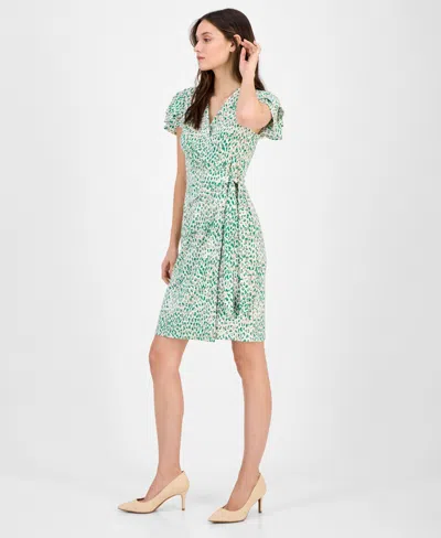 Anne Klein Women's Faux-wrap Flutter-sleeve Print Dress In Green