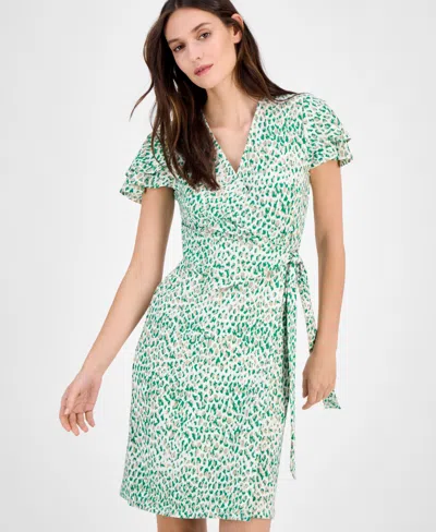 Anne Klein Women's Faux-wrap Flutter-sleeve Print Dress In Green