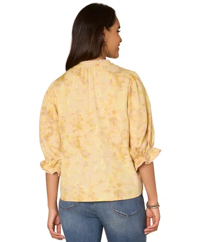 Democracy Petite Printed Lantern-sleeve Pintuck Top In Butter Cream