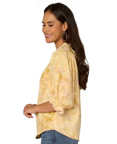 Democracy Petite Printed Lantern-sleeve Pintuck Top In Butter Cream