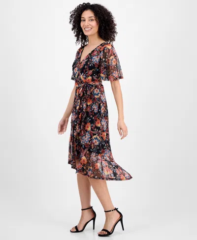 Connected Petite Printed Mesh High-low Faux-wrap Dress In Black