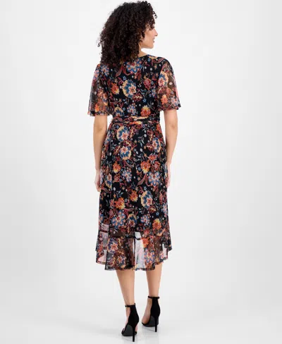 Connected Petite Printed Mesh High-low Faux-wrap Dress In Black