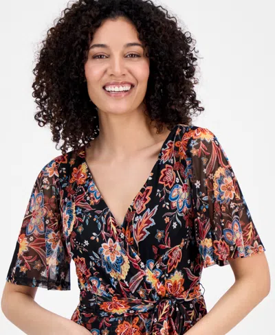 Connected Petite Printed Mesh High-low Faux-wrap Dress In Black