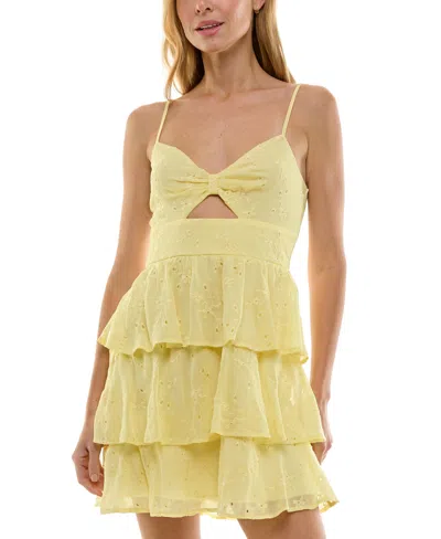Trixxi Juniors' Keyhole-front Tiered Sleeveless Mini Dress In Yellow