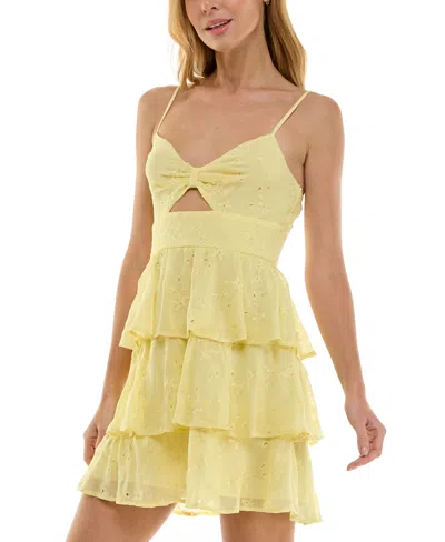 Trixxi Juniors' Keyhole-front Tiered Sleeveless Mini Dress In Yellow