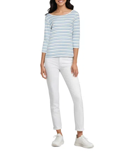 Three Dots Women's V-neck 3/4-sleeve T-shirt In Faded Denim Stripe