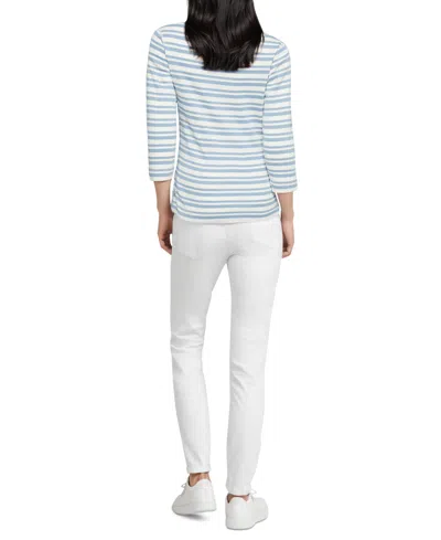 Three Dots Women's V-neck 3/4-sleeve T-shirt In Faded Denim Stripe