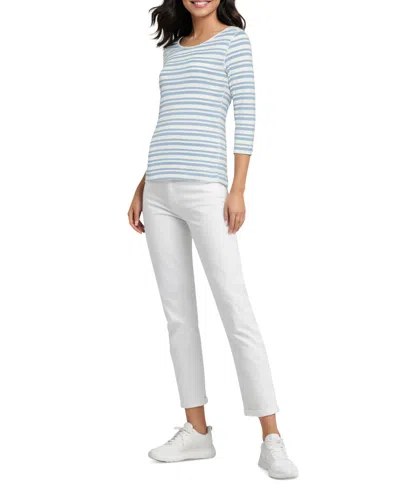 Three Dots Women's V-neck 3/4-sleeve T-shirt In Faded Denim Stripe