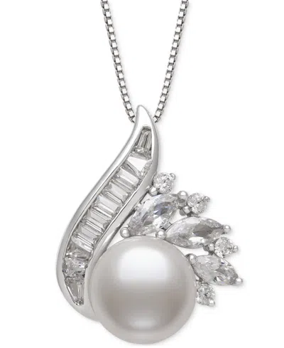 Belle De Mer Cultured Freshwater Pearl (9mm) & Lab-created White Sapphire (1-1/2 Ct. T.w.) Swirl 18" Pendant Neck In Silver