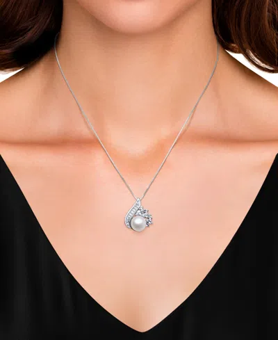 Belle De Mer Cultured Freshwater Pearl (9mm) & Lab-created White Sapphire (1-1/2 Ct. T.w.) Swirl 18" Pendant Neck In Silver