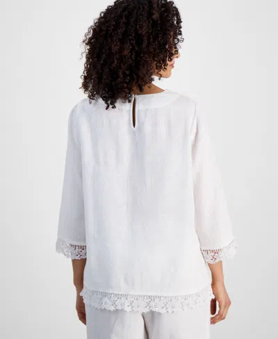 Charter Club Petite Lace-trim Linen V-neck Tunic, Exclusively At Macy's In Bright White
