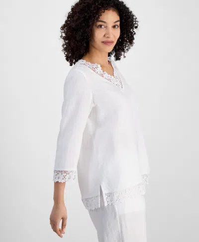 Charter Club Petite Lace-trim Linen V-neck Tunic, Exclusively At Macy's In Bright White