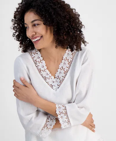 Charter Club Petite Lace-trim Linen V-neck Tunic, Exclusively At Macy's In Bright White