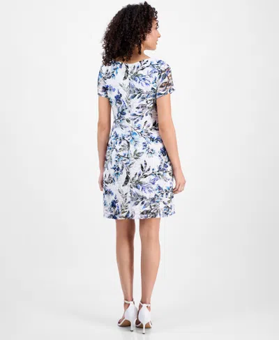 Connected Petite Printed Lace Short-sleeve Fit & Flare Dress In Blue