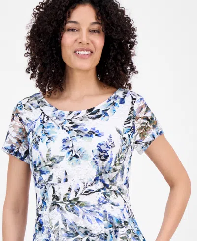 Connected Petite Printed Lace Short-sleeve Fit & Flare Dress In Blue