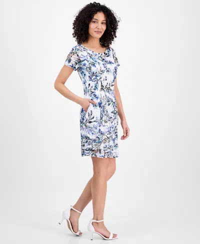 Connected Petite Printed Lace Short-sleeve Fit & Flare Dress In Blue