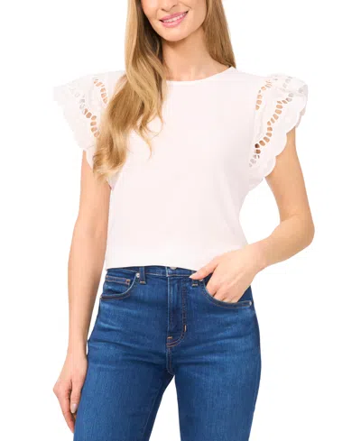 Cece Embroidered Flutter Sleeve Mixed Media Top In New Ivory