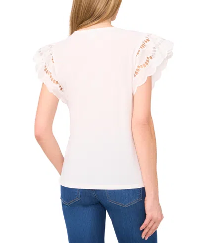 Cece Embroidered Flutter Sleeve Mixed Media Top In New Ivory