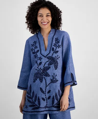 Charter Club Petite Embroidered Linen Tunic, Exclusively At Macy's In Blue Ocean