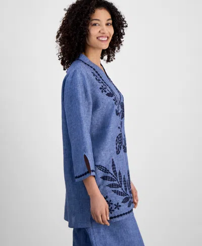 Charter Club Petite Embroidered Linen Tunic, Exclusively At Macy's In Blue Ocean