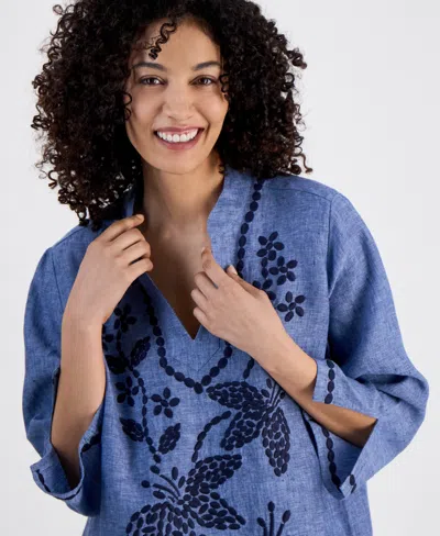 Charter Club Petite Embroidered Linen Tunic, Exclusively At Macy's In Blue Ocean