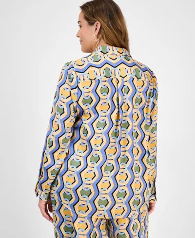 Tahari Asl Plus Size Printed Button-front Blouse In Blue Chains