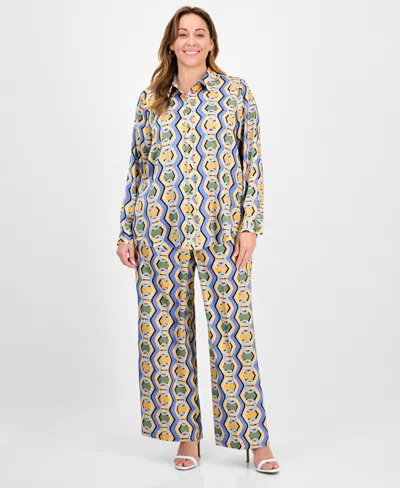 Tahari Asl Plus Size Printed Button-front Blouse In Blue Chains