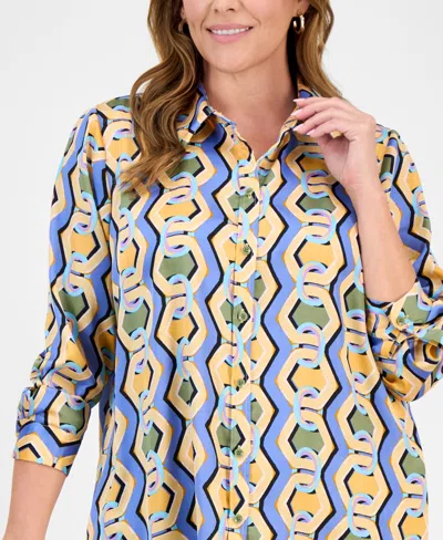 Tahari Asl Plus Size Printed Button-front Blouse In Blue Chains