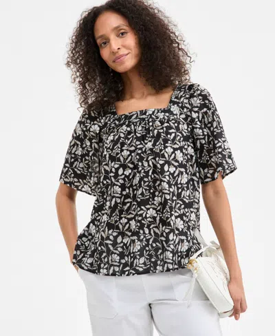 Style & Co Women's Printed Cotton Square-neck Top, Exclusively At Macy's In Black Floral