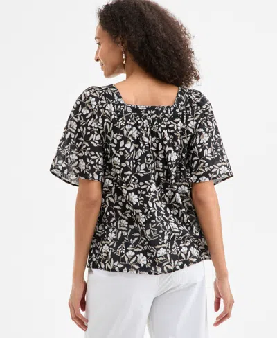 Style & Co Women's Printed Cotton Square-neck Top, Exclusively At Macy's In Black Floral