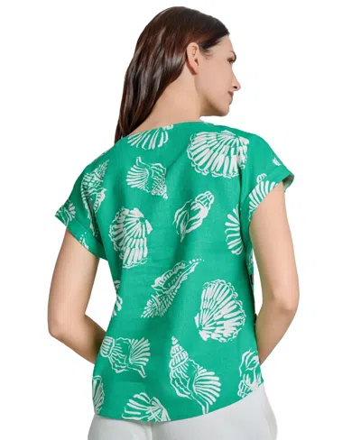 Jones New York Seashell Print Side Button Detail Linen Blend Top In Kelly