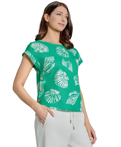 Jones New York Seashell Print Side Button Detail Linen Blend Top In Kelly