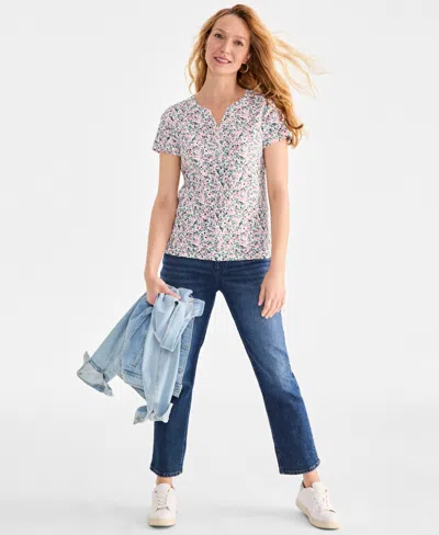 Style & Co Petite Printed Short-sleeve Henley Top, Exclusively At Macy's In Paige White