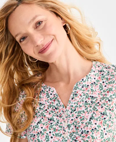 Style & Co Petite Printed Short-sleeve Henley Top, Exclusively At Macy's In Paige White