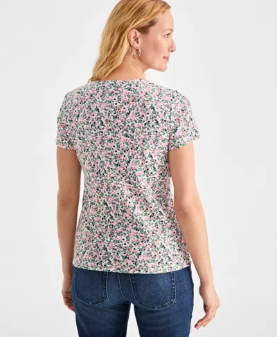 Style & Co Petite Printed Short-sleeve Henley Top, Exclusively At Macy's In Paige White