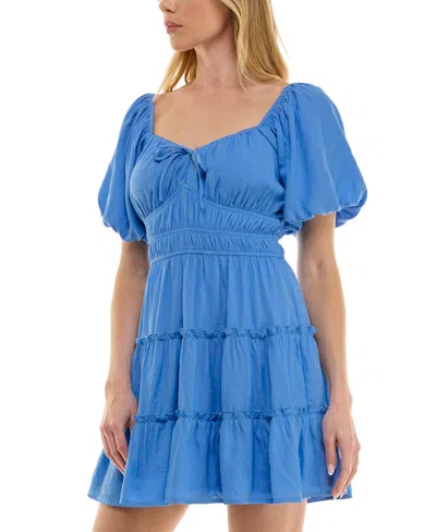 Trixxi Juniors' Bubble-sleeve Tie Front Tiered Dress In Bright Blue