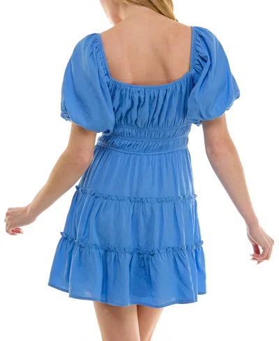 Trixxi Juniors' Bubble-sleeve Tie Front Tiered Dress In Bright Blue