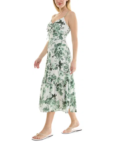 Trixxi Juniors' V-neck Bow-front Sleeveless Midi Dress In White,green