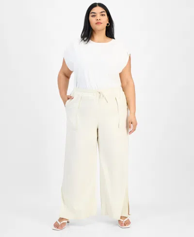 Bar Iii Trendy Plus Size Split-hem Wide Linen Pants, Exclusively At Macy's In Beach Sand