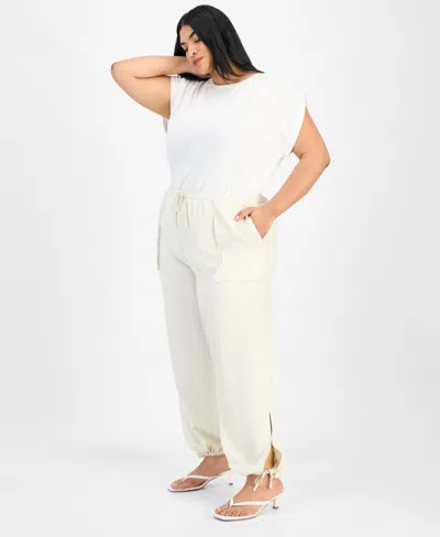 Bar Iii Trendy Plus Size Split-hem Wide Linen Pants, Exclusively At Macy's In Beach Sand