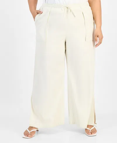 Bar Iii Trendy Plus Size Split-hem Wide Linen Pants, Exclusively At Macy's In Beach Sand