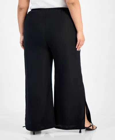 Bar Iii Trendy Plus Size Split-hem Wide Linen Pants, Exclusively At Macy's In Deep Black
