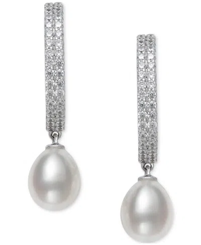 Belle De Mer Cultured Freshwater Pearl (8-9mm) & Lab Created White Sapphire (1-1/4 Ct. T.w.) Dangle Hoop Earrings In Silver