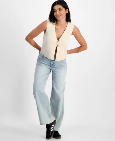 Hooked Up By Iot Juniors' Slub Knit Double-button Vest In Beached Sand