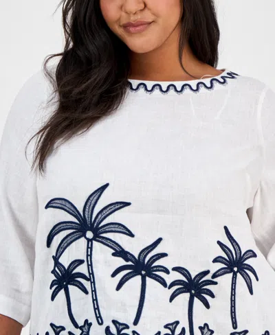 Charter Club Plus Size Corded Embroidered Linen Top, Exclusively At Macy's In Bright White