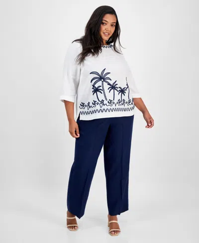 Charter Club Plus Size Corded Embroidered Linen Top, Exclusively At Macy's In Bright White
