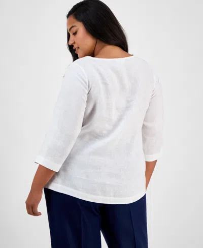 Charter Club Plus Size Corded Embroidered Linen Top, Exclusively At Macy's In Bright White