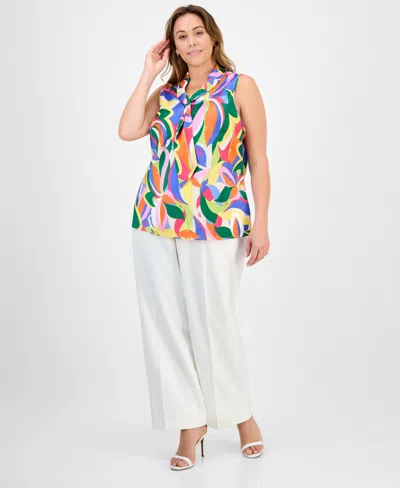Tahari Asl Plus Size Sailor-tie Sleeveless Blouse In Clover Swirl